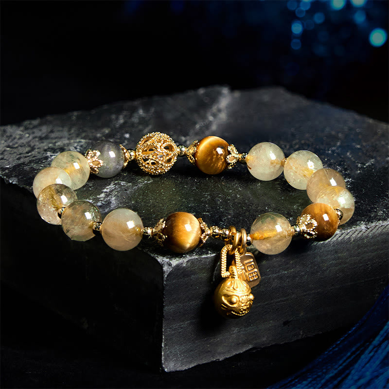 Natural Rutilated Quartz Fu Character Metal Swallowing Beast Auspiciousness Bracelet