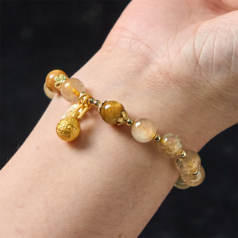 Natural Rutilated Quartz Fu Character Metal Swallowing Beast Auspiciousness Bracelet