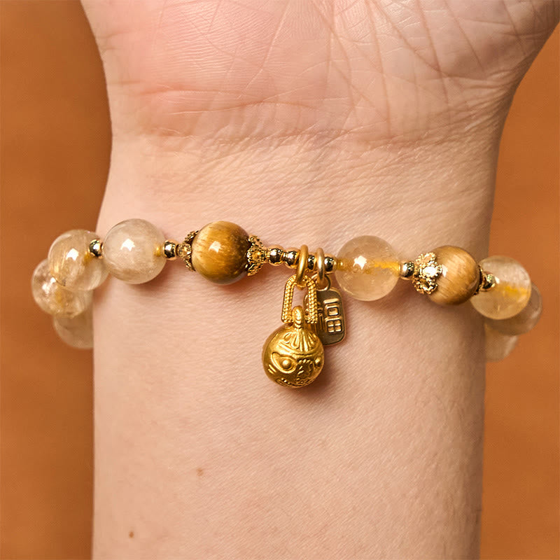 Natural Rutilated Quartz Fu Character Metal Swallowing Beast Auspiciousness Bracelet