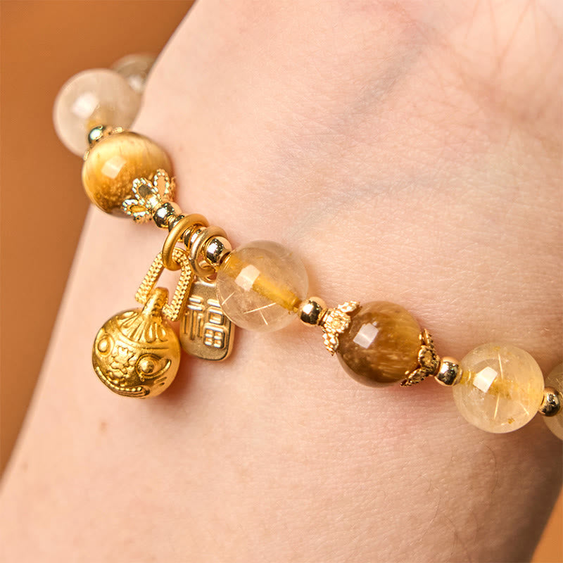 Natural Rutilated Quartz Fu Character Metal Swallowing Beast Auspiciousness Bracelet
