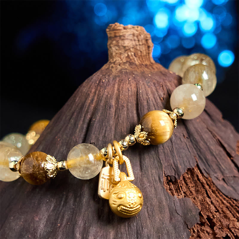 Natural Rutilated Quartz Fu Character Metal Swallowing Beast Auspiciousness Bracelet