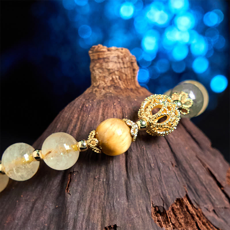 Natural Rutilated Quartz Fu Character Metal Swallowing Beast Auspiciousness Bracelet