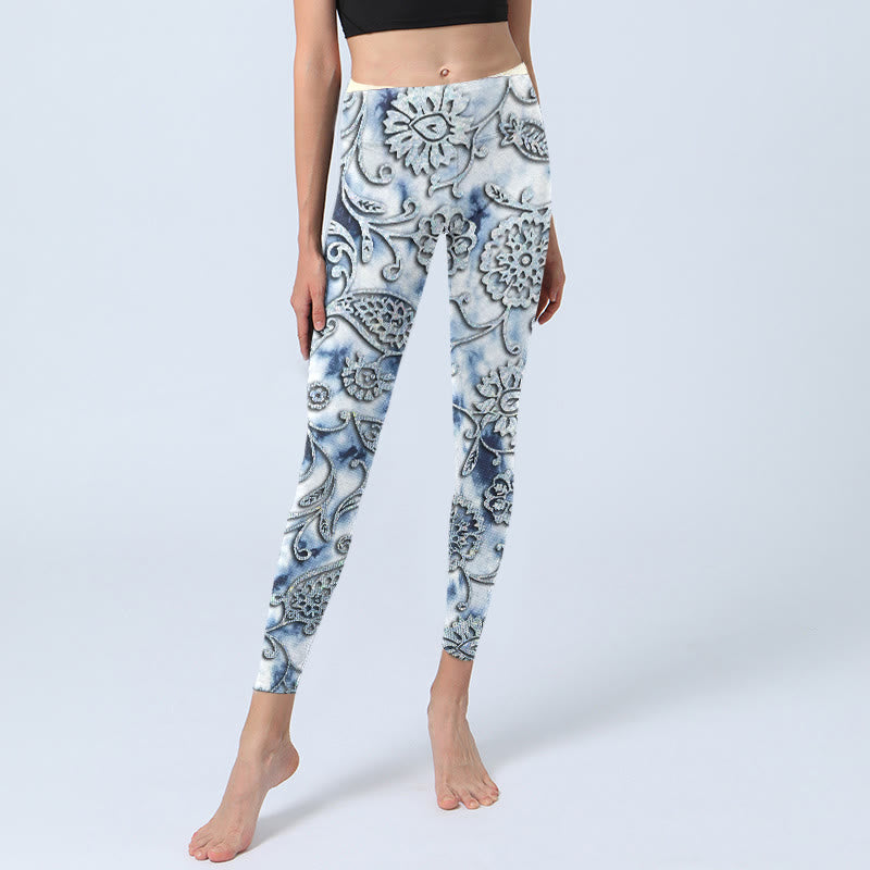White Round Flowers Print Exercise Leggings Women's Yoga Pants