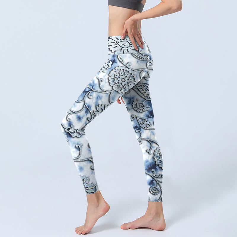 White Round Flowers Print Exercise Leggings Women's Yoga Pants