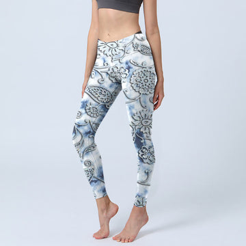White Round Flowers Print Exercise Leggings Women's Yoga Pants