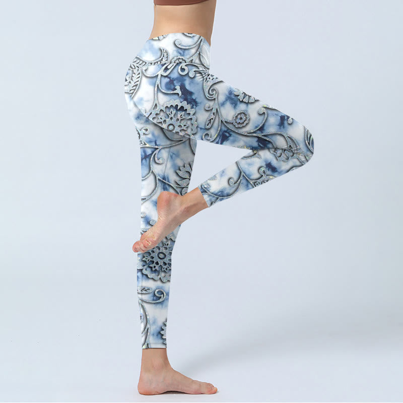 White Round Flowers Print Exercise Leggings Women's Yoga Pants