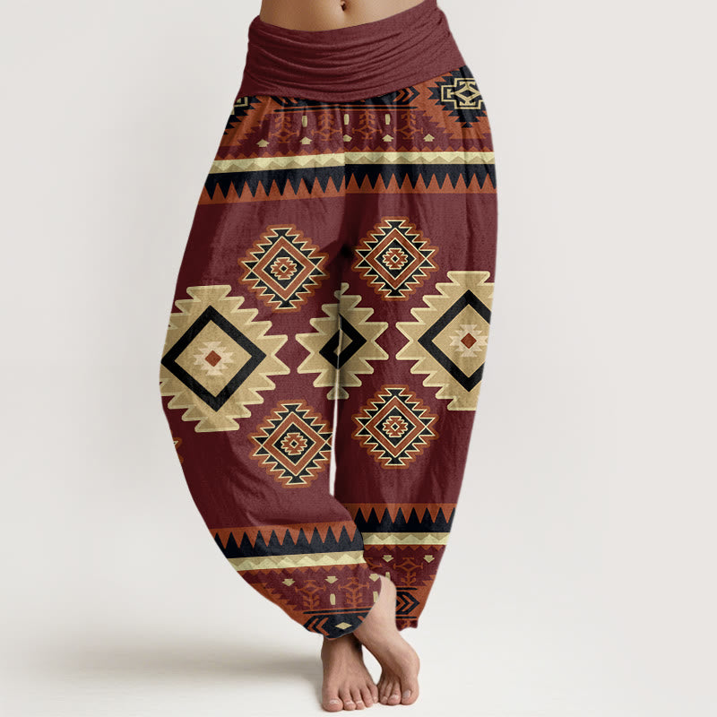 Cotton Casual Symmetrical Navajo Textile Style Pattern Women's Elastic Waist Harem Pants