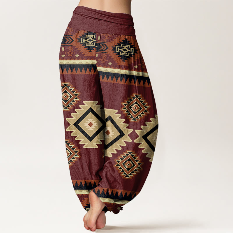 Cotton Casual Symmetrical Navajo Textile Style Pattern Women's Elastic Waist Harem Pants