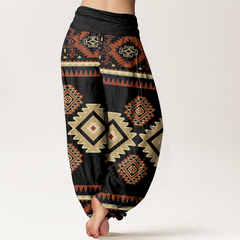 Cotton Casual Symmetrical Navajo Textile Style Pattern Women's Elastic Waist Harem Pants