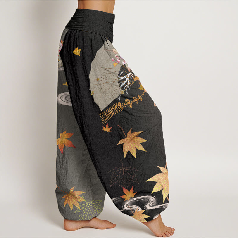 Cotton Casual Folding Fan Flowers Maple Leaves Cloud Pattern Women's Elastic Waist Harem Pants