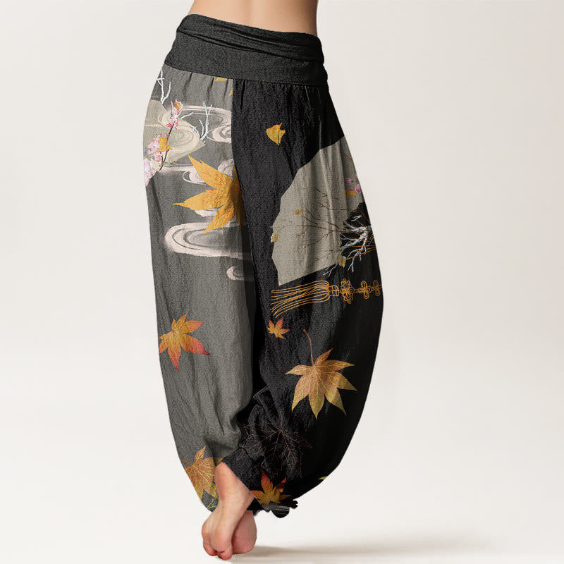 Cotton Casual Folding Fan Flowers Maple Leaves Cloud Pattern Women's Elastic Waist Harem Pants