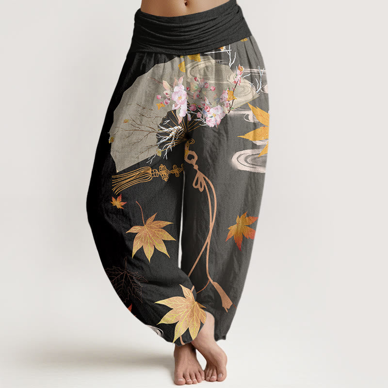 Cotton Casual Folding Fan Flowers Maple Leaves Cloud Pattern Women's Elastic Waist Harem Pants