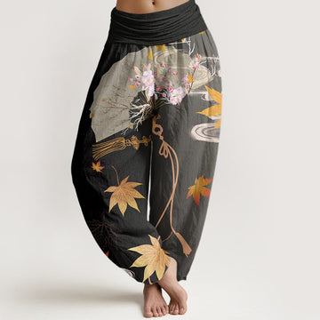 Cotton Casual Folding Fan Flowers Maple Leaves Cloud Pattern Women's Elastic Waist Harem Pants