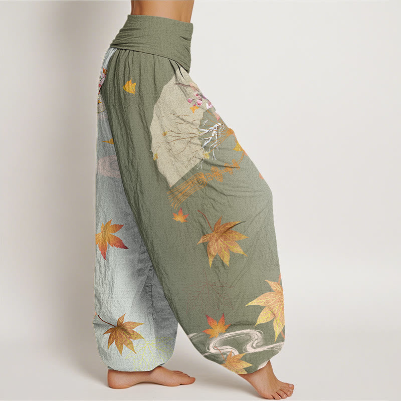 Cotton Casual Folding Fan Flowers Maple Leaves Cloud Pattern Women's Elastic Waist Harem Pants