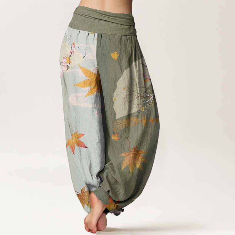 Cotton Casual Folding Fan Flowers Maple Leaves Cloud Pattern Women's Elastic Waist Harem Pants
