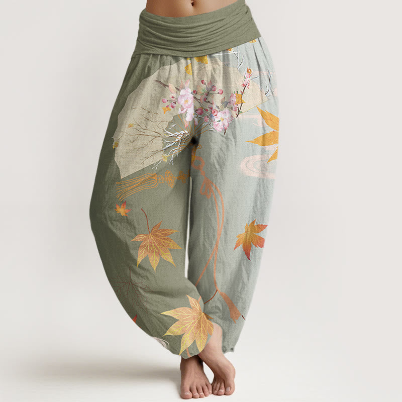 Cotton Casual Folding Fan Flowers Maple Leaves Cloud Pattern Women's Elastic Waist Harem Pants