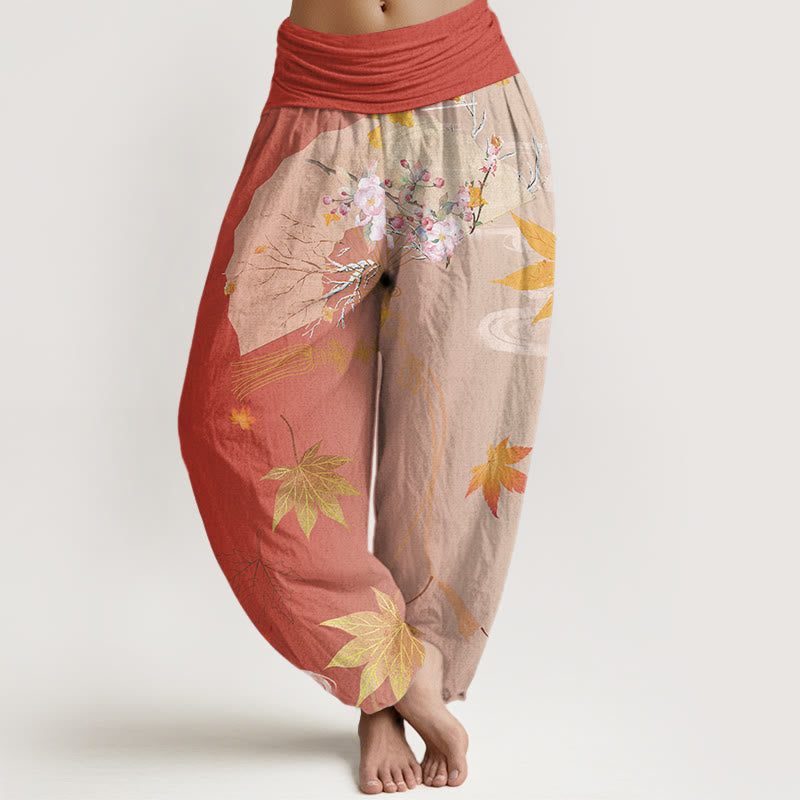 Cotton Casual Folding Fan Flowers Maple Leaves Cloud Pattern Women's Elastic Waist Harem Pants