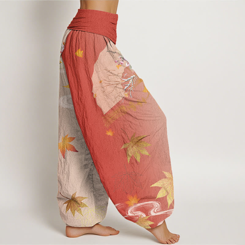 Cotton Casual Folding Fan Flowers Maple Leaves Cloud Pattern Women's Elastic Waist Harem Pants