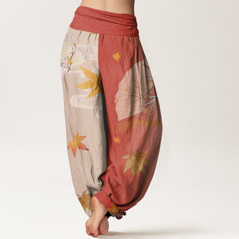 Cotton Casual Folding Fan Flowers Maple Leaves Cloud Pattern Women's Elastic Waist Harem Pants