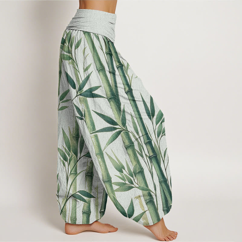 Cotton Bamboo Print Pleated Waist Meditation Harem Pants
