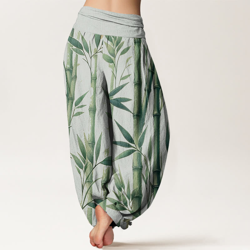 Cotton Bamboo Print Pleated Waist Meditation Harem Pants