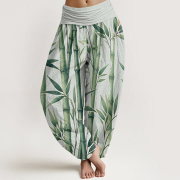 Cotton Bamboo Print Pleated Waist Meditation Harem Pants