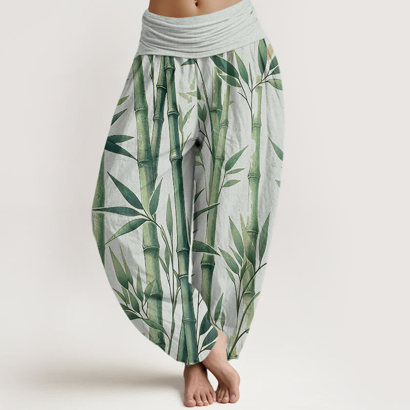 Cotton Bamboo Print Pleated Waist Meditation Harem Pants