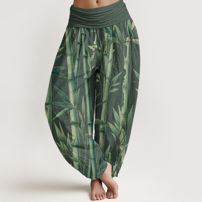 Cotton Bamboo Print Pleated Waist Meditation Harem Pants