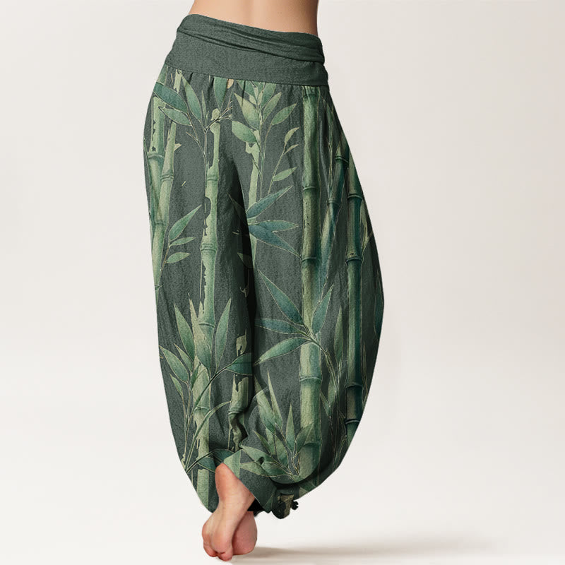 Cotton Bamboo Print Pleated Waist Meditation Harem Pants