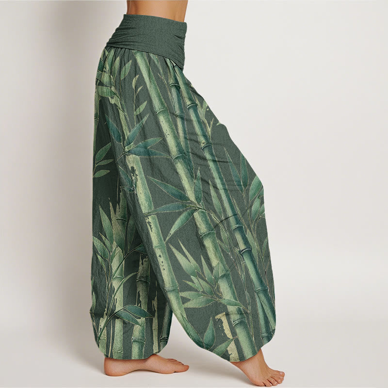 Cotton Bamboo Print Pleated Waist Meditation Harem Pants