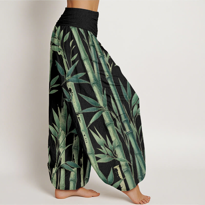 Cotton Bamboo Print Pleated Waist Meditation Harem Pants