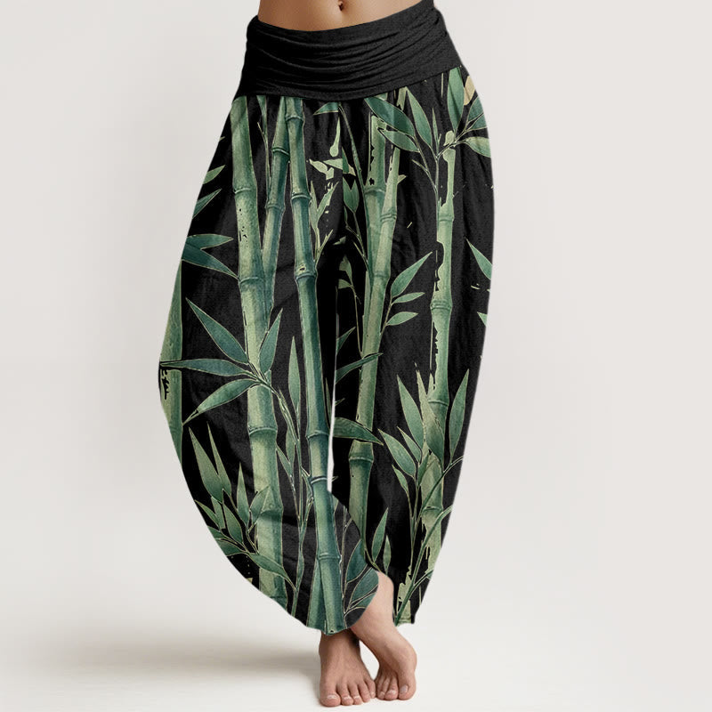 Cotton Bamboo Print Pleated Waist Meditation Harem Pants