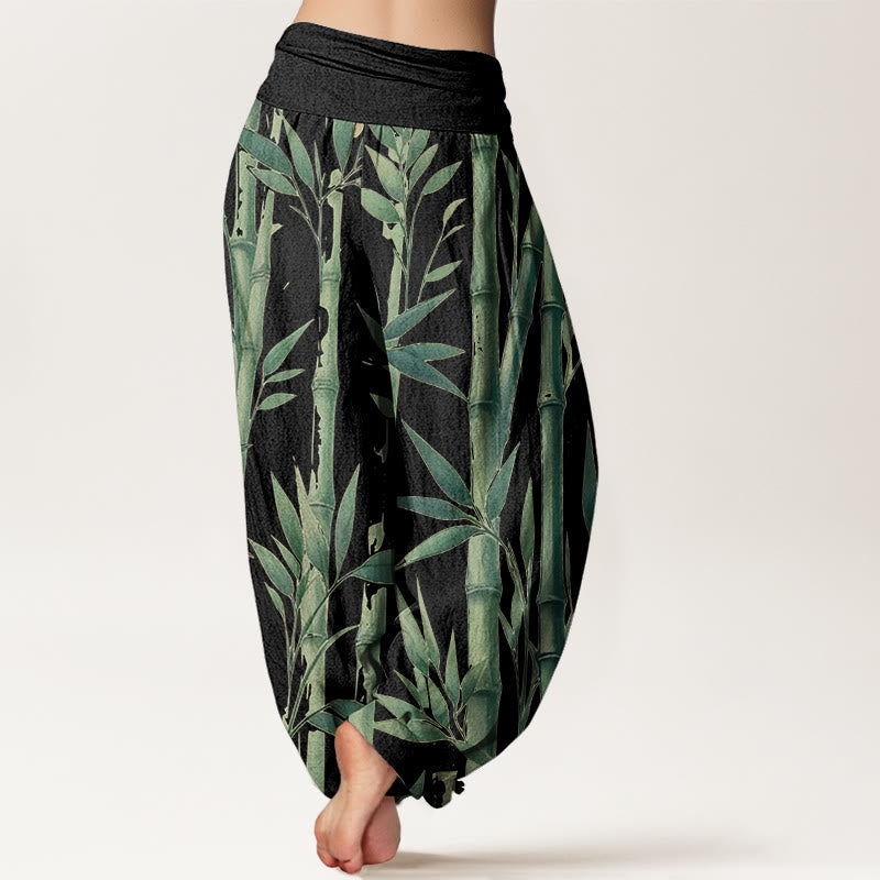 Cotton Bamboo Print Pleated Waist Meditation Harem Pants