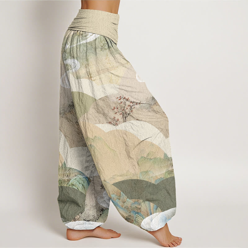 Cotton Chinese Landscape Mountains Rivers Mist Design Women's Elastic Waist Harem Pants