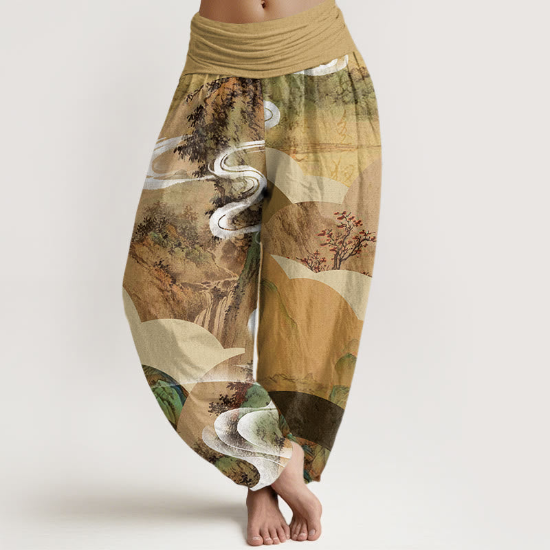 Cotton Chinese Landscape Mountains Rivers Mist Design Women's Elastic Waist Harem Pants