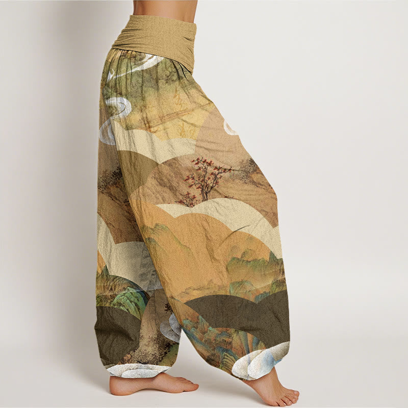 Cotton Chinese Landscape Mountains Rivers Mist Design Women's Elastic Waist Harem Pants
