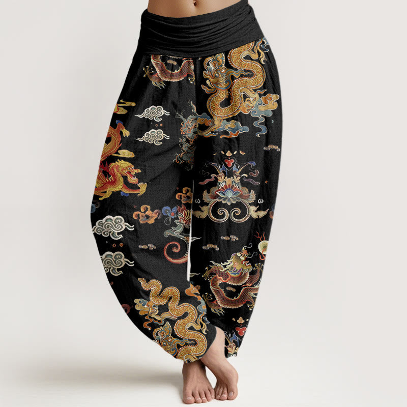 Cotton Golden Dragons Auspicious Clouds Design Women's Elastic Waist Harem Pants