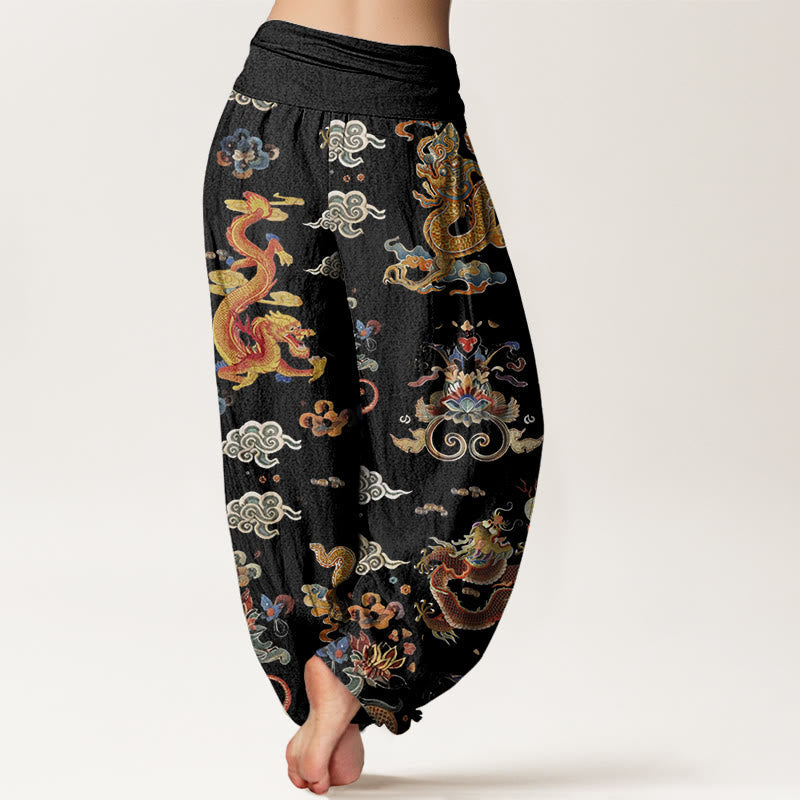 Cotton Golden Dragons Auspicious Clouds Design Women's Elastic Waist Harem Pants