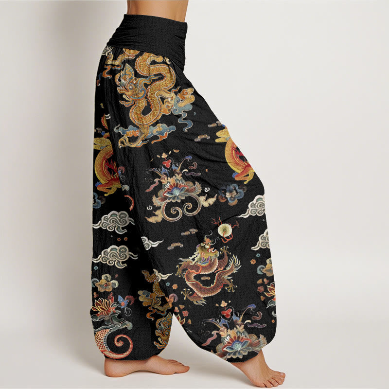 Cotton Golden Dragons Auspicious Clouds Design Women's Elastic Waist Harem Pants