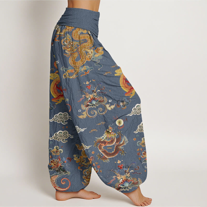 Cotton Golden Dragons Auspicious Clouds Design Women's Elastic Waist Harem Pants
