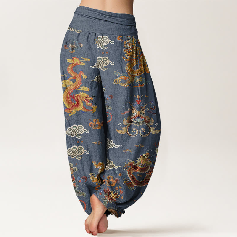 Cotton Golden Dragons Auspicious Clouds Design Women's Elastic Waist Harem Pants