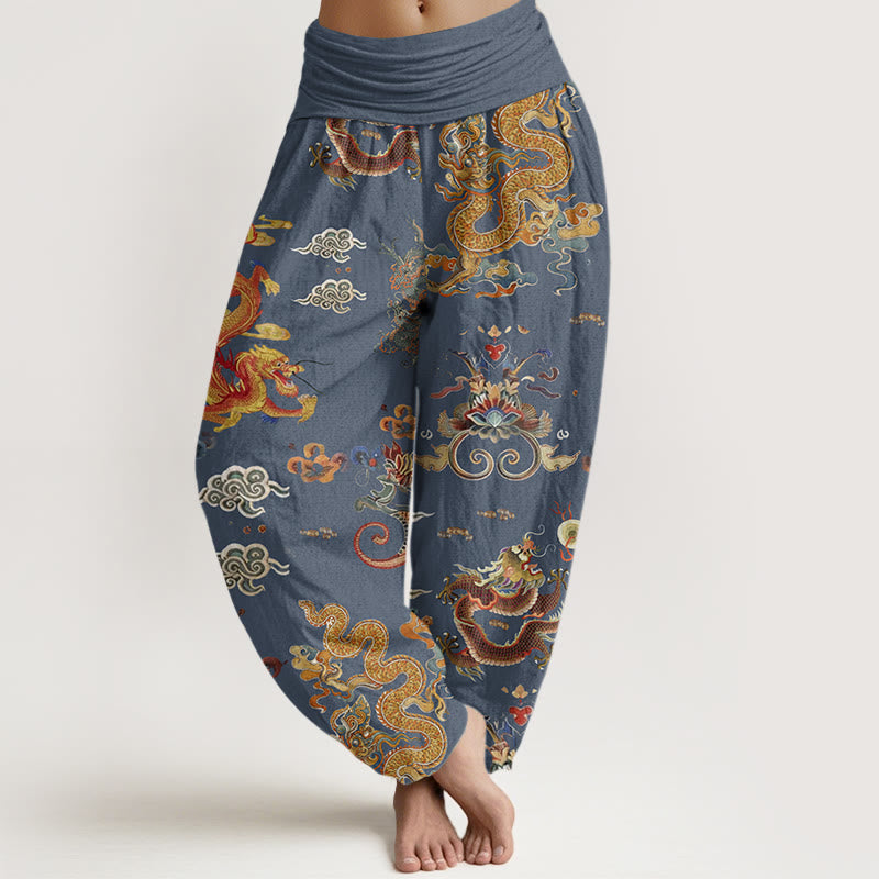 Cotton Golden Dragons Auspicious Clouds Design Women's Elastic Waist Harem Pants