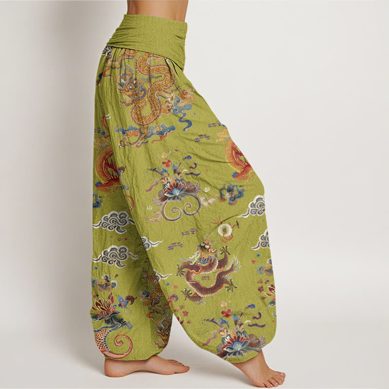 Cotton Golden Dragons Auspicious Clouds Design Women's Elastic Waist Harem Pants