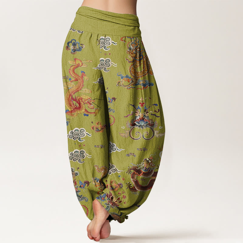 Cotton Golden Dragons Auspicious Clouds Design Women's Elastic Waist Harem Pants