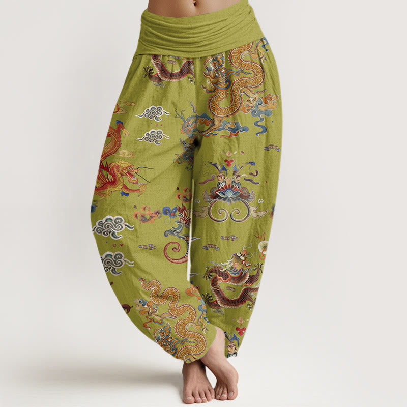 Cotton Golden Dragons Auspicious Clouds Design Women's Elastic Waist Harem Pants