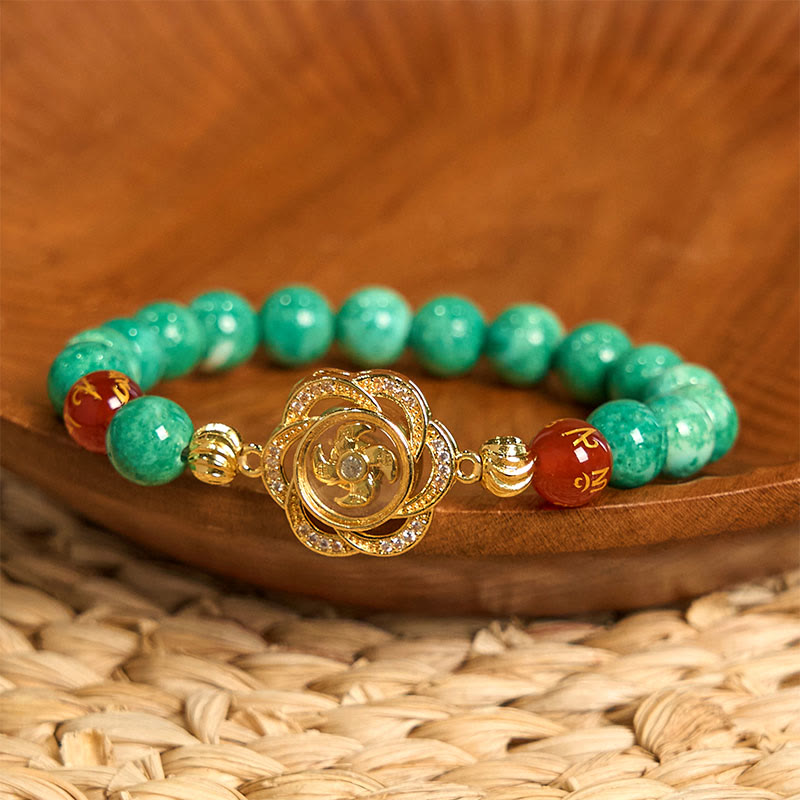 Natural Jade and Agate Om Mani Padme Hum Rotating Cyclone Charm Copper Bracelet