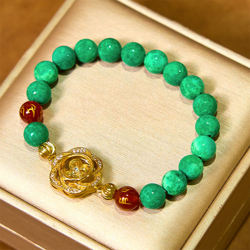 Natural Jade and Agate Om Mani Padme Hum Rotating Cyclone Charm Copper Bracelet