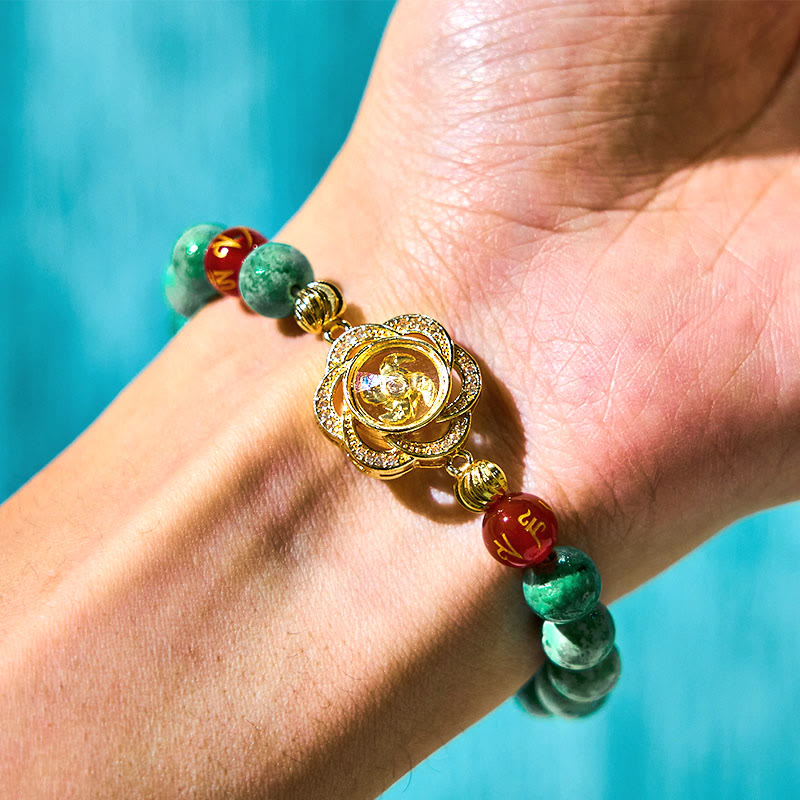 Natural Jade and Agate Om Mani Padme Hum Rotating Cyclone Charm Copper Bracelet
