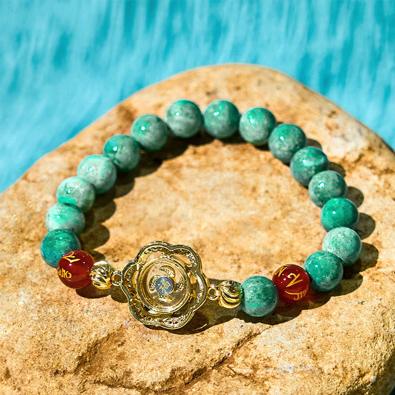 Natural Jade and Agate Om Mani Padme Hum Rotating Cyclone Charm Copper Bracelet