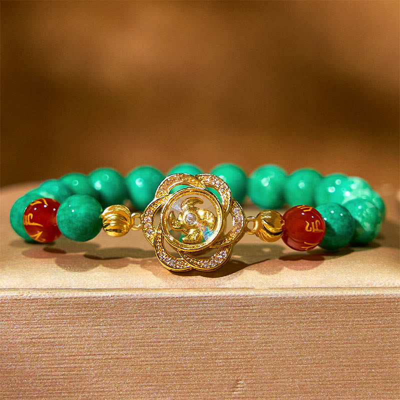 Natural Jade and Agate Om Mani Padme Hum Rotating Cyclone Charm Copper Bracelet